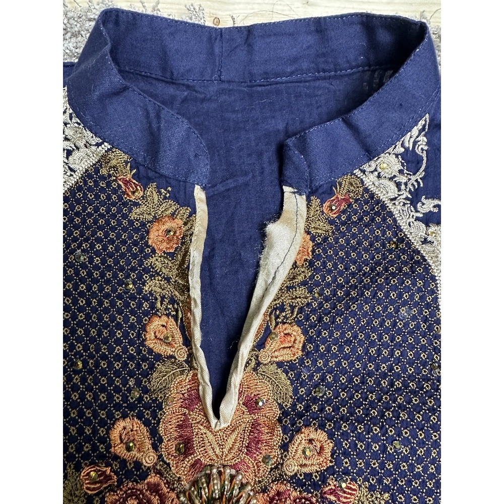 Embroidered Kurta Dress Womens Medium Blue Floral‎ Shalwar Kameez Tassel Ethnic - Picture 7 of 16